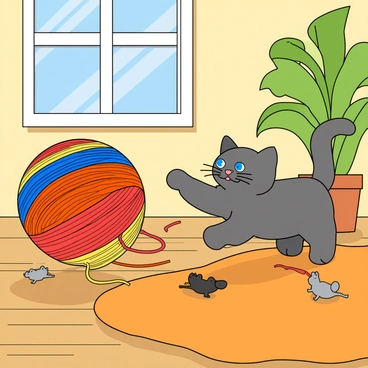 A playful tom kitten with fluffy gray fur and bright blue eyes is energetically chasing a large, colorful ball of yarn. The ball is made up of various vibrant shades such as red, yellow, and blue twisted together. The sunny room has warm wooden flooring and a large window that lets in beams of sunlight, casting playful shadows. In the background, there is a green potted plant and a soft, orange rug where the kitten occasionally pauses to pounce on the yarn. The playful atmosphere is enhanced by a few scattered toy mice nearby.