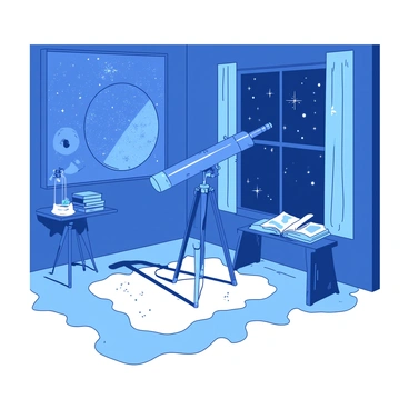 A room is decorated with intricate "star maps" covering the walls. A large "telescope" made of polished metal is positioned beside a window, pointing outward towards the night sky filled with twinkling stars. The floor is adorned with a soft "white rug" that complements the "blue" walls. A small "wooden table" holds a stack of astronomy books and a glowing "lamp" casting a warm light on the scene. The atmosphere is inviting, with a hint of curiosity filling the air.