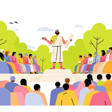 A philosopher stands on a raised platform in the center of an open amphitheater. The philosopher has a long flowing robe and is gesturing with one hand while holding a scroll in the other. The crowd, made up of diverse individuals in various attire, sits in semi-circular rows, looking attentively at the speaker. Some audience members are nodding in agreement, while others appear deep in thought. Lush green trees surround the amphitheater, and the sky is clear with a few fluffy clouds, creating a vibrant atmosphere. A few birds can be seen flying overhead, adding to the lively scene.