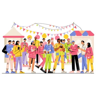 A lively festival scene filled with colorful decorations and booths. Numerous people are wearing vibrant costumes inspired by "ahki" illustrations, featuring intricate patterns and bright colors. Some costumes depict animals, while others resemble mythical creatures, all showcasing elaborate designs. In the background, there are strings of fairy lights and banners fluttering in the breeze. The atmosphere is bustling with activity as groups of friends are laughing and taking photos. A few vendors are selling colorful snacks and drinks, adding to the festive ambiance.