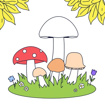 A small family of different mushrooms growing together in a sunny meadow. The group includes a tall, slender white mushroom with a rounded cap, a short, stout red mushroom with white spots, and a delicate, light brown mushroom with a thin stem. The meadow is filled with lush green grass, and small wildflowers of various colors surround the mushrooms. Bright sunlight filters through the leaves of nearby trees, casting soft shadows on the ground.