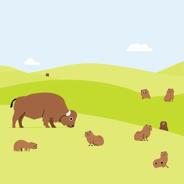 A wide prairie scene with rolling green grass under a clear blue sky. In the foreground, a group of brown bison grazes, their large bodies appearing robust against the landscape. Scattered among the grass, several small prairie dogs peek out of their burrows, with their small brown heads and curious expressions visible. The prairie dogs are positioned playfully, some standing on their hind legs while others sit at the entrance of their burrows. A few fluffy clouds drift lazily in the sky, completing the peaceful scene.