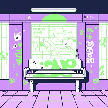 An old subway station with worn tiles adorned with various graffiti tags on the walls and pillars. The lighting is dim, creating shadows that play along the surfaces. In the center, there is a weathered bench made of metal, covered in scratches and rust. The tiled floor shows signs of wear with cracks and stains. On one side, there is a faded subway map hanging, partially torn at the edges. A flickering fluorescent light illuminates a small section, casting a greenish hue over the scene.