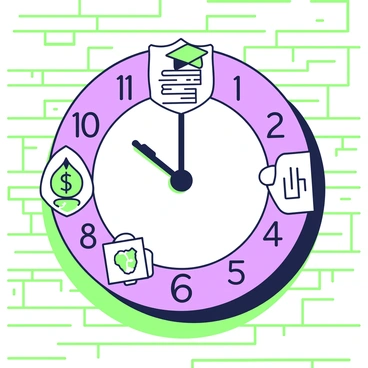 A clock with a round face is prominently displayed in the center of the image. The clock hands are uniquely crafted from CPF statements, clearly readable and arranged to point towards various time markers. The numbers on the clock are represented by icons symbolizing future goals, such as a graduation cap, a house, and a globe. The clock is mounted on a textured surface that resembles a wooden wall, enhancing its significance. Light casts gentle shadows, emphasizing the intricate details of the CPF statements making up the clock hands. The entire composition conveys a sense of time and aspirations.