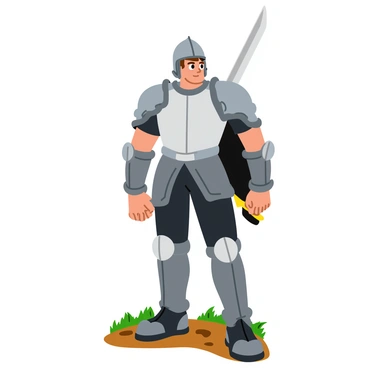 A soldier in a fierce battle stance stands tall and resolute. He wears a shiny silver helmet that gleams under the light, and his armor is a mix of dark gray and silver plates that protect him. His muscular arms grip a long, sharp sword, which is held at an angle, ready for action. The soldier’s face reveals intense determination, with furrowed brows and focused eyes staring ahead. The background shows hints of a battlefield, with blurred outlines of other soldiers and banners waving in the wind. The ground beneath him is a mix of dirt and grass, adding to the intensity of the moment.