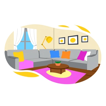 A cozy living room with a modern design featuring a sleek sofa in a soft gray fabric, adorned with colorful throw pillows. A round wooden coffee table sits in the center, topped with a small succulent plant in a ceramic pot. The walls are painted in a light beige, decorated with framed artwork of abstract shapes. A large window allows natural light to flood the space, with sheer white curtains gently flowing. In the corner, there is a stylish floor lamp with a warm yellow glow, and a plush area rug in pastel colors adds warmth to the hardwood floor.