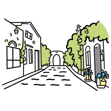 A quaint cobblestone street in an old town, lined with small buildings featuring ivy-covered walls. Vintage lanterns hang from the eaves, casting soft light onto the stones below. The street curves gently, leading to a distant archway flanked by additional greenery. A few potted flowers are placed near the doorways, adding color to the scene. The atmosphere is tranquil, evoking a sense of nostalgia.