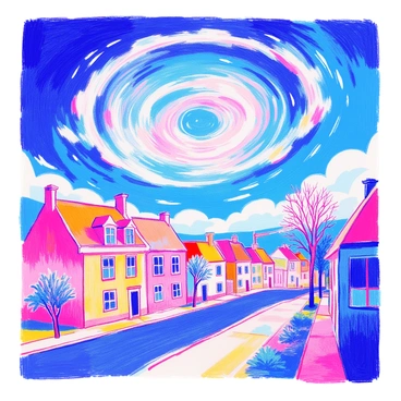 A swirling sky is depicted overhead, filled with shades of deep blue and white clouds forming a vortex. Below, a quiet town with small, quaint houses is visible, their roofs slightly angled. The streets are empty, with neatly trimmed lawns surrounding each home. A few trees line the sidewalks, their branches gently swaying. The atmosphere combines the dynamic movement of the sky with the stillness of the town, creating an intriguing contrast.