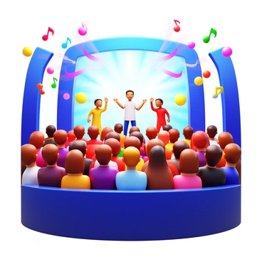 A concert scene featuring an energetic crowd enjoying a live performance. Vibrant music notes appear in vibrant colors, dancing around the audience. Waves of energy flow throughout the crowd, illustrating the excitement of the music. Bright stage lights illuminate the performers and the crowd, enhancing the lively atmosphere. People are positioned with various expressions of joy and excitement, dancing and singing along.