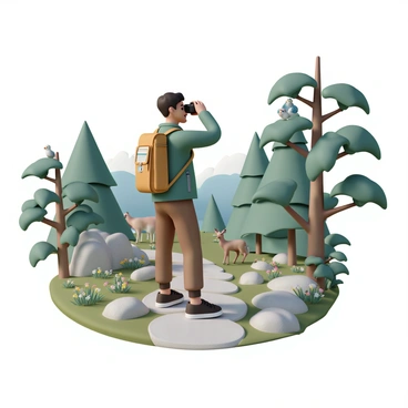 A hiker taking photos of wildlife while collecting thoughts for a nature blog during a hike.