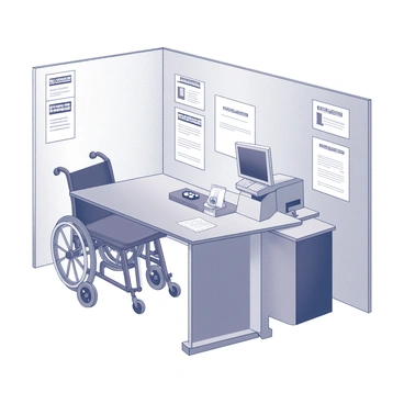 A voting booth designed for accessibility features a wide, open space with a low table that allows individuals in wheelchairs to easily approach. There are tactile voting materials, including large print ballots and braille guides, positioned on the table. A variety of assistive devices, such as a large-button voting machine and audio ballot reader, are also present. The booth is well-lit, with clear signage at various heights indicating how to use the equipment. The overall design emphasizes inclusivity and ease of access for individuals with varying abilities.
