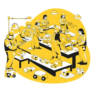 A busy assembly line filled with workers focused on assembling toys. The workers are wearing yellow uniforms and safety goggles. Each worker is engaged in different tasks, such as attaching parts together, painting, or inspecting the toys. Various toy components are scattered across the workstations, including wheels, eyes, and colorful blocks. Conveyors move the toys along the line as workers efficiently pass items to one another. Bright lights illuminate the area, enhancing the industrious atmosphere.