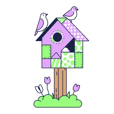 A birdhouse sits on a wooden post in a garden setting. The birdhouse is constructed from various fabric pieces, each having distinct patterns and textures. Colorful stitches are visible along the seams, highlighting the handmade quality of the birdhouse. The entrance hole is circular and adorned with a green and purple decorative frame. Small plants and flowers surround the base of the post, adding to the vibrant atmosphere of the scene. A couple of birds perch on the roof, looking curiously at the surroundings.