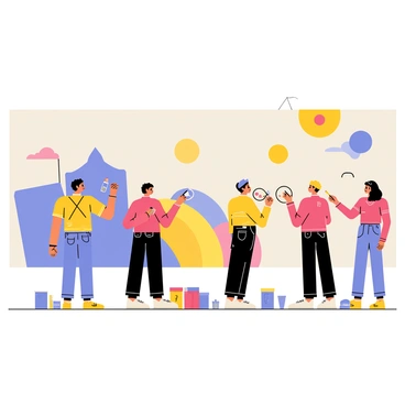 A team of four artists stands in front of a large wall, collaboratively painting a colorful mural. Each artist is focused on their section; one artist is applying vibrant blue paint, while another adds bright yellow accents. A third artist is sketching outlines with a black brush, and the fourth artist is mixing colors on a palette. Various brushes and paint cans are scattered around them. The mural features whimsical characters and patterns inspired by free illustrations, with a backdrop of various shapes and a rainbow of colors blending harmoniously.
