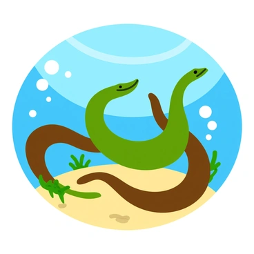 Multiple eels with smooth, elongated bodies of varying shades of green and brown are swirling gracefully in an underwater scene. Their fins ripple as they move, mimicking the flowing movements of a ballet performance. Bubbles rise around them, adding a sense of motion to the water. Sunlight filters through the surface, casting dappled patterns on the sand below. Seaweed sways gently in the background, creating a vibrant aquatic environment.