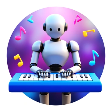 A humanoid robot composing music on a digital piano with musical notes floating around.