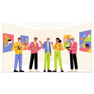 A group of five art critics is standing in a brightly lit gallery. Each critic is engaged in animated discussion, gesturing towards various colorful contemporary illustration works displayed on the walls. The first critic, a woman with short brown hair wearing glasses, is pointing at a vibrant piece featuring anthropomorphic animals. Next to her, a tall man with a beard is nodding, holding a notebook in one hand. A third critic, a young woman with long black hair, is taking notes while observing a large mural with abstract shapes. The fourth critic, an older gentleman with a gray mustache, is smiling and discussing a playful illustration of a fantasy landscape. The fifth critic, a woman with curly hair dressed in a bright scarf, is examining a piece that features whimsical characters. The atmosphere is filled with excitement and curiosity as they delve into their critiques.