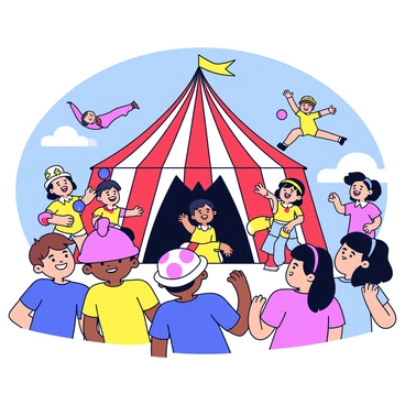 A group of children is gathered, watching a lively performance under a large, colorful circus tent. The children are diverse in appearance, with some wearing bright t-shirts and hats. In the center of the scene, clowns in vibrant costumes are juggling colorful balls and making funny faces. Nearby, acrobats are performing impressive flips and balancing acts, showcasing their flexibility. The tent is striped in red and white, with a bright blue sky visible above. The atmosphere is filled with excitement as the children cheer and laugh.