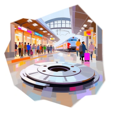 A large train brake pad positioned prominently in the foreground, showcasing its metallic surface and distinct grooves. In the background, there is a bustling train station filled with people waiting on the platform. The station features large, arched windows and a vintage design, with a train approaching in the distance. The scene includes passengers, some with luggage, and others engaged in conversation, creating a lively atmosphere around the brake pad.