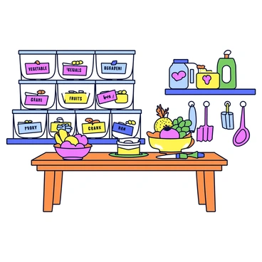A colorful kitchen scene with a bright, cheerful atmosphere. There is a wooden kitchen table in the center, surrounded by various storage containers. Each container is clearly labeled with bright, colorful tags indicating the type of food inside, such as "vegetables," "fruits," "grains," and "proteins." These containers are stacked neatly on shelves in the background. A colorful fruit bowl sits on the table, filled with a variety of fruits. A cutting board is placed on the table with a knife beside it and some chopped vegetables ready for preparation. A wall in the kitchen is adorned with colorful kitchen utensils hanging from hooks.