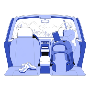 A car interior is visible, showcasing the front seats and dashboard. On the back seat, there is a sturdy backpack filled with hiking gear, including a rolled-up sleeping bag and trekking poles leaning against the seat. A pair of hiking boots rests on the floor mat. Through the windshield, a scenic mountain view is framed, with jagged peaks and dense pine forests in the foreground. The sunlight casts shadows on the dashboard, enhancing the texture of the materials inside the car.