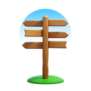 A signpost made of weathered wood stands at a crossroad. The signpost features several wooden arrows pointing in multiple directions. Each arrow is distinct, with varying lengths and angles, showing different destinations. The wood has a rustic texture, with visible grain and signs of age. The signpost is firmly planted in the ground, surrounded by a grassy area, with a clear blue sky above.