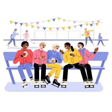 A group of five friends sitting on a bench at an ice rink, all laughing and chatting. One friend with curly hair is wearing a red jacket and holding a hot chocolate. Another friend with glasses is wearing a blue scarf and has a bright smile. A girl with a ponytail is showing her skate to the others, who are playfully teasing her. The rink is filled with skaters gliding in the background, and colorful banners are hanging from the ceiling. The atmosphere is lively and joyful.