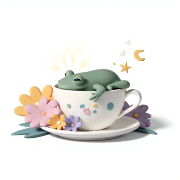 A small green frog is peacefully sleeping inside a giant white teacup. The teacup has delicate floral patterns in pastel colors around its sides. Vibrant flowers in shades of pink, yellow, and purple surround the teacup, creating a colorful and lively setting. Sunlight filters through the flowers, casting gentle shadows on the teacup and the frog. The frog's limbs are relaxed, and its eyes are closed, conveying a sense of tranquility in this whimsical scene.
