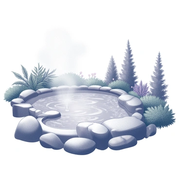 Natural hot springs with steam rising from the water. The scene includes various smooth stones around the springs, with water gently bubbling up. Lush greenery, including ferns and shrubs, surrounds the area, adding texture and detail to the environment. In the background, there are hints of tall trees and a few wildflowers peeking through the foliage. The atmosphere suggests a tranquil and inviting setting, perfect for relaxation.