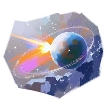 A bright comet with a glowing tail is following a curved trajectory as it approaches a large planet. The planet is depicted with deep blue and green hues, showcasing its swirling clouds and rings. The comet's tail streams behind it, shimmering with hues of white and pale blue, indicating its high speed. The gravitational influence of the planet is evident in the bending path of the comet, creating a dynamic visual contrast between the two celestial bodies. Stars twinkle in the background, enhancing the cosmic setting of this dramatic interaction.