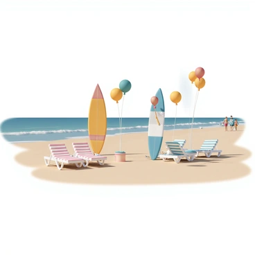 A sandy beach with gentle waves lapping at the shore. Several surfboards, each uniquely designed with vibrant colors and patterns, are standing upright in the sand. Brightly colored balloons in red, blue, yellow, and green are tied securely to the surfboards, bobbing slightly in the ocean breeze. Nearby, sun loungers with striped fabric are arranged neatly, each adorned with matching colorful balloons tied to the armrests. The sun is shining bright, illuminating the cheerful scene, and a few beachgoers in the background are enjoying the sunny day.