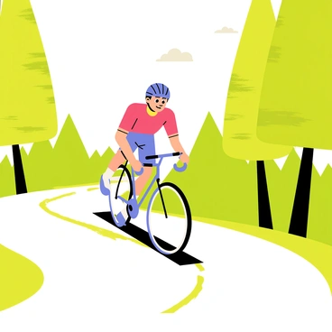 A cyclist with a blue helmet and a red jersey is speeding down a winding tree-lined trail. The trail is flanked by tall green trees with bright leaves. A few patches of sunlight break through the foliage, casting playful shadows on the ground. Above, the sky is clear with a few fluffy white clouds. The cyclist has a determined expression, and the bike is sleek, with thin tires designed for speed.