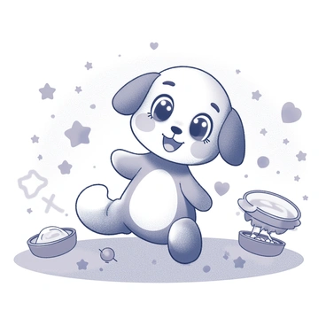 A cute pet character sitting in a playful pose. The character has bright, expressive eyes and a cheerful expression, with a fluffy tail. Surrounding the pet are various fun and whimsical patterns featuring shapes like stars, hearts, and swirls. There are playful elements such as small toys and food bowls scattered around, creating a lively and engaging atmosphere. The background is filled with intricate designs that add to the overall sense of joy and whimsy.