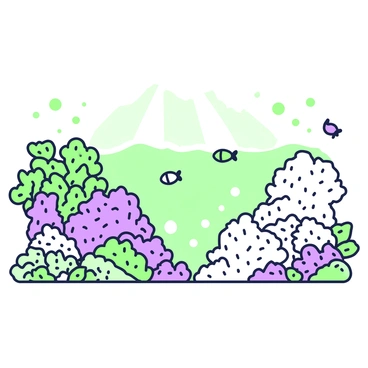 An illustration depicts an underwater scene highlighting a coral bleaching event. On the left side, there are clusters of vibrant corals in various shapes and sizes, showcasing their healthy状態 with rich textures and intricate details. To the right, starkly contrasting, are sections of bleached corals, appearing white and lifeless, lacking the vibrant colors of their healthy counterparts. In the background, small fish swim among the healthy corals, while the bleached area shows fewer fish, emphasizing the impact of the bleaching. The water is filled with bubbles and light rays filtering down from the surface.