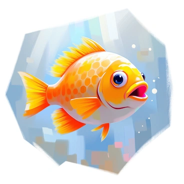 A cartoon sunfish with an oversized round body and large, expressive eyes. Its mouth is wide, displaying a joyful smile, emphasizing its happy expression. The sunfish has exaggerated, vibrant colors, with bright yellow and orange scales, and playful, cartoonish fins that seem to dance around it. Sun rays radiate outward, enhancing its cheerful demeanor, creating a lively underwater scene.
