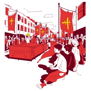 A red parade is taking place in honor of "Jeanne d'Arc’s triumph." Colorful banners featuring golden symbols of victory are waving proudly in the breeze. Groups of excited spectators are gathered along the streets, some waving small flags, while others are cheering and clapping. The atmosphere is vibrant, filled with the sound of joyous celebration. In the foreground, a group of children are sitting on the curb, their faces filled with delight as they watch the parade pass by.