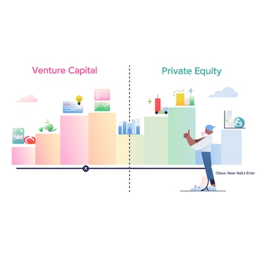 A split image illustrating a visual comparison between "venture capital" and "private equity." On the left side, "venture capital" is depicted with a timeline showing the different investment stages, starting from "seed" funding, moving through "startup" phase, and advancing to "expansion" stage. Each stage contains small icons representing key elements like a light bulb for "seed," a building for "startup," and a growing graph for "expansion." 

On the right side, "private equity" is illustrated with its own timeline, showing stages like "buyout," "growth," and "exit." This side includes icons such as a handshake for "buyout," a bar chart for "growth," and a dollar sign for "exit." The two sides are separated by a dashed line, and the overall layout emphasizes the differences in investment approaches and stages between the two sectors.