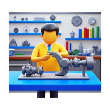 An engineer wearing a bright lab coat is examining a model of a mechanical component. The engineer has short black hair and is focused on the intricate details of the model. The mechanical component is displayed on a sleek workbench, showcasing gears and levers. The laboratory is well-lit, with various tools and equipment visible in the background. The walls are lined with shelves filled with engineering books and additional models.