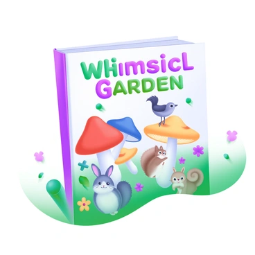 A book cover displaying a "whimsical garden" filled with "oversized mushrooms" in various colors, including red, blue, and yellow, scattered throughout the scene. Small, friendly animals such as a rabbit with big ears, a squirrel with a bushy tail, and a bird perched on one of the mushrooms are present, each looking cheerful and inviting. The garden is lush with vibrant green plants and colorful flowers blooming, creating a lively atmosphere. The title of the book is placed prominently at the top in playful, bold letters.