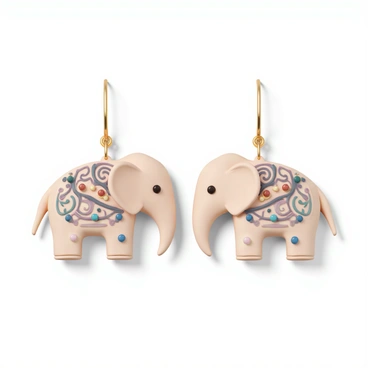 A pair of earrings, each shaped like an elephant. The elephants are adorned with intricate decorative patterns, featuring swirls and floral designs. Each elephant has small, colorful jewels embedded in its body, sparkling in various shades of blue, red, and green. The earrings hang elegantly from thin gold hooks, with the elephants facing each other, creating a harmonious look. The background is a subtle, soft color that allows the earrings to stand out prominently.