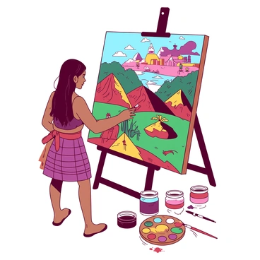 An artist is standing in front of a large canvas, holding a brush in one hand, and carefully painting vibrant scenes that represent their cultural heritage. The canvas is filled with intricate patterns and symbols that depict traditional stories and vibrant landscapes from their culture. The artist is focused, with a palette of colors in the other hand, mixing hues that reflect the richness of their heritage. Surrounding the canvas, there are jars of paint in various shades and brushes of different sizes. The artist is wearing traditional attire that showcases elements of their culture, adding to the visual storytelling of the scene.