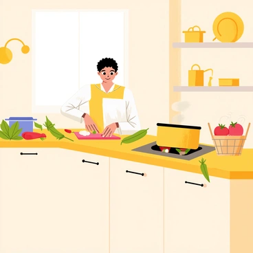 A cozy kitchen with a wooden countertop and warm lighting. In the center, a cook with a white apron is chopping colorful vegetables, including red bell peppers and green zucchini. Fresh herbs, like basil and parsley, are scattered around the countertop. A pot on the stove is bubbling, with steam rising from it. A basket of fresh produce sits on the side, displaying ripe tomatoes and garlic. The walls are adorned with pots and pans, adding to the homely atmosphere.