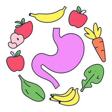 A healthy colon depicted with a smooth, curved shape and a vibrant pink color. Surrounding the colon are various fruits and vegetables, including bright red apples, yellow bananas, green leafy spinach, and orange carrots. Each fruit and vegetable is illustrated with simple shapes and bold colors, creating a lively composition. The colon is centered in the image, with the produce arranged in a circular pattern around it, enhancing the focus on health and nutrition.