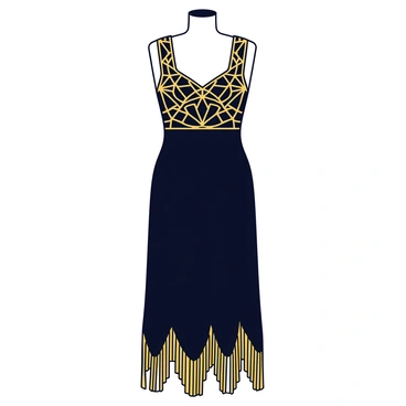 A flapper dress with a straight silhouette and knee-length hem. The dress is adorned with intricate geometric patterns that reflect art deco design. It features a low neckline and fringe details along the hem, swaying gently. The color scheme includes black and gold, highlighting the elegance of the era. The dress is displayed on a simple mannequin against a plain background.
