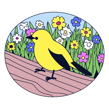 A cedar waxwing with a smooth, yellow-brown body is perched on the edge of a wooden deck. Its wings are adorned with black tips, and it has a distinct black mask across its eyes. Below, there is a vibrant garden filled with various colorful flowers and lush greenery. The sunlight casts soft shadows on the deck, emphasizing the textures of the wood. The waxwing gazes intently at the garden, creating a scene of quiet observation.