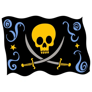 A pirate flag design prominently displays a large, menacing skull at the center. The skull has deep-set eyes and a wide grin, surrounded by two crossed swords beneath it, their blades reflecting light. Intricate patterns swirl around the edges of the flag, incorporating elements like waves and stars, creating a sense of adventure and mystery. The background of the flag is a rich black, enhancing the bold imagery and intricate details of the design.