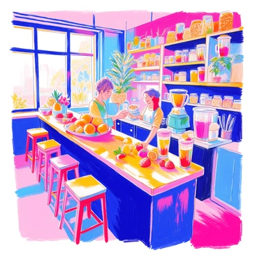 A vibrant juice bar features a long wooden counter with an array of fresh fruits on display, including bright oranges, ripe bananas, and juicy strawberries. Behind the counter, a barista is blending smoothies in a high-powered blender, pouring the colorful drinks into clear cups. Shelves lined with jars of granola and chia seeds are visible in the background. Customers are seated at small tables, enjoying their drinks, with a large window letting in natural light.