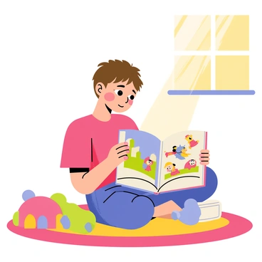 A child sitting cross-legged on a colorful carpet, surrounded by soft toys. The child has short brown hair and is wearing a bright red t-shirt. In their hands, they are eagerly flipping through an illustrated storybook with vibrant pictures. The pages of the book are filled with whimsical characters and colorful scenes. Sunlight streams in from a nearby window, illuminating the child’s face with a look of wonder and excitement.