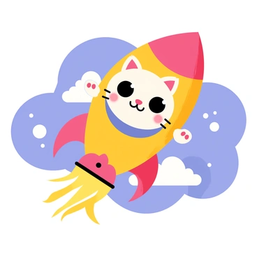 A cute cat with large round eyes and a small pink nose is inside a brightly colored cartoon-style rocket ship. The rocket ship has red and yellow stripes and is surrounded by colorful clouds of smoke. The cat has its paws raised in excitement, with a wide smile on its face. The background features a blue sky dotted with fluffy white clouds, enhancing the adventurous atmosphere. The rocket ship is pointed upward, indicating it's blasting off into space, ready for a thrilling journey.