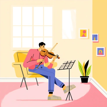 A musician playing a wooden violin in a sunlit room. The room has large windows letting in warm, golden light that casts soft shadows on the floor. The musician is sitting on a plush chair with a focused expression. A music stand with sheets of music is positioned next to the chair. The walls are decorated with vibrant artwork, and a potted plant is placed in the corner of the room. The illustration board measures 16x20 inches and shows the entire scene in a cartoon style.